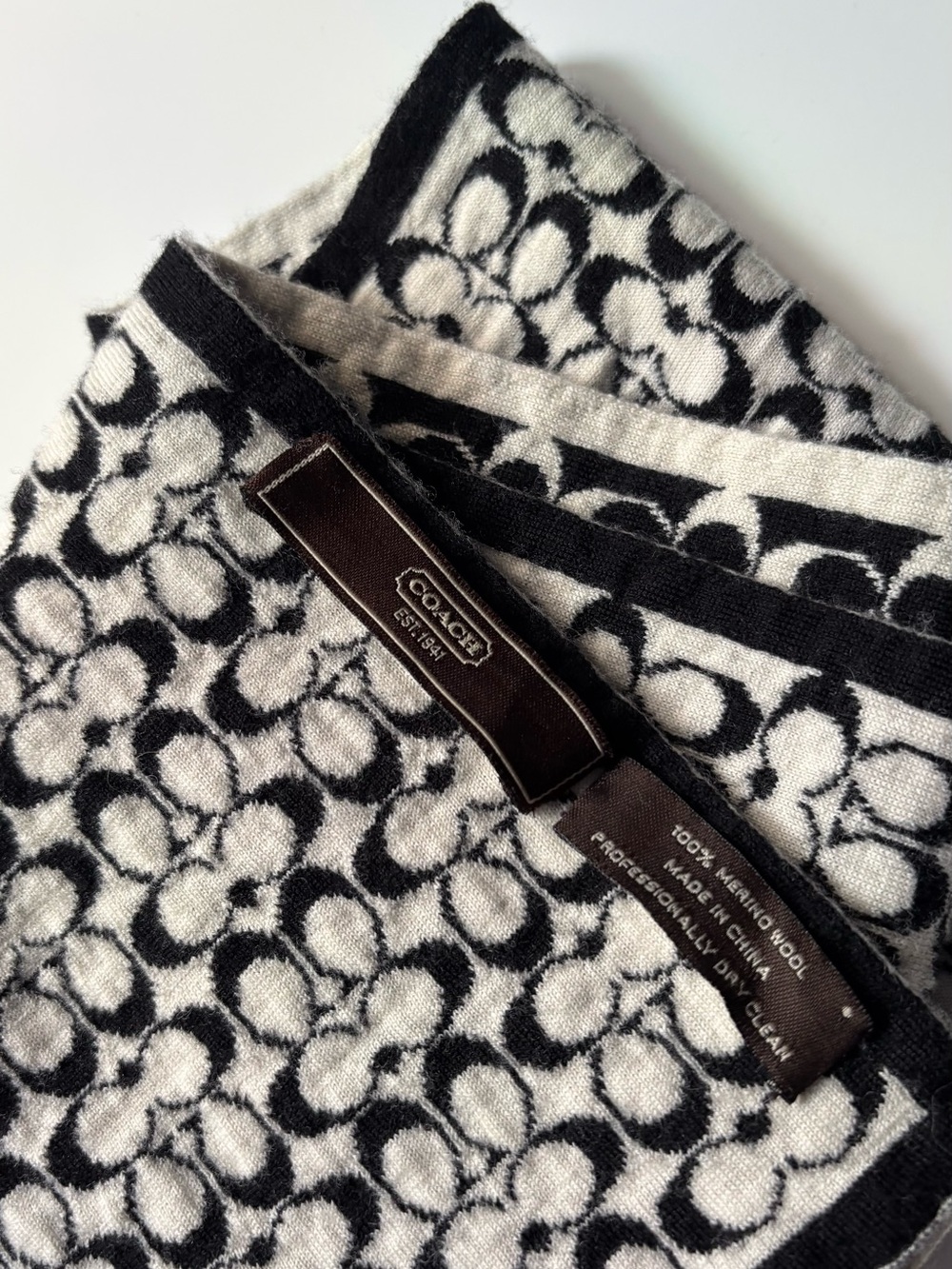 Coach Black and White Signature Logo Wool Scarf